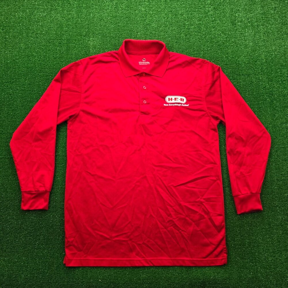 H-E-B Supermarket Polo Shirt Mens Medium‎ Red Long Sleeve Employee Uniform Work